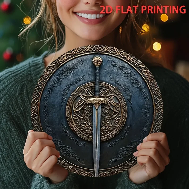 2D Flat, 1-Piece Viking Shield Wall Art, Featuring an Ancient Sword – Wrought Iron Circular Decorative Emblem, 2D Flat Printed Nordic Pattern, Designed by Li