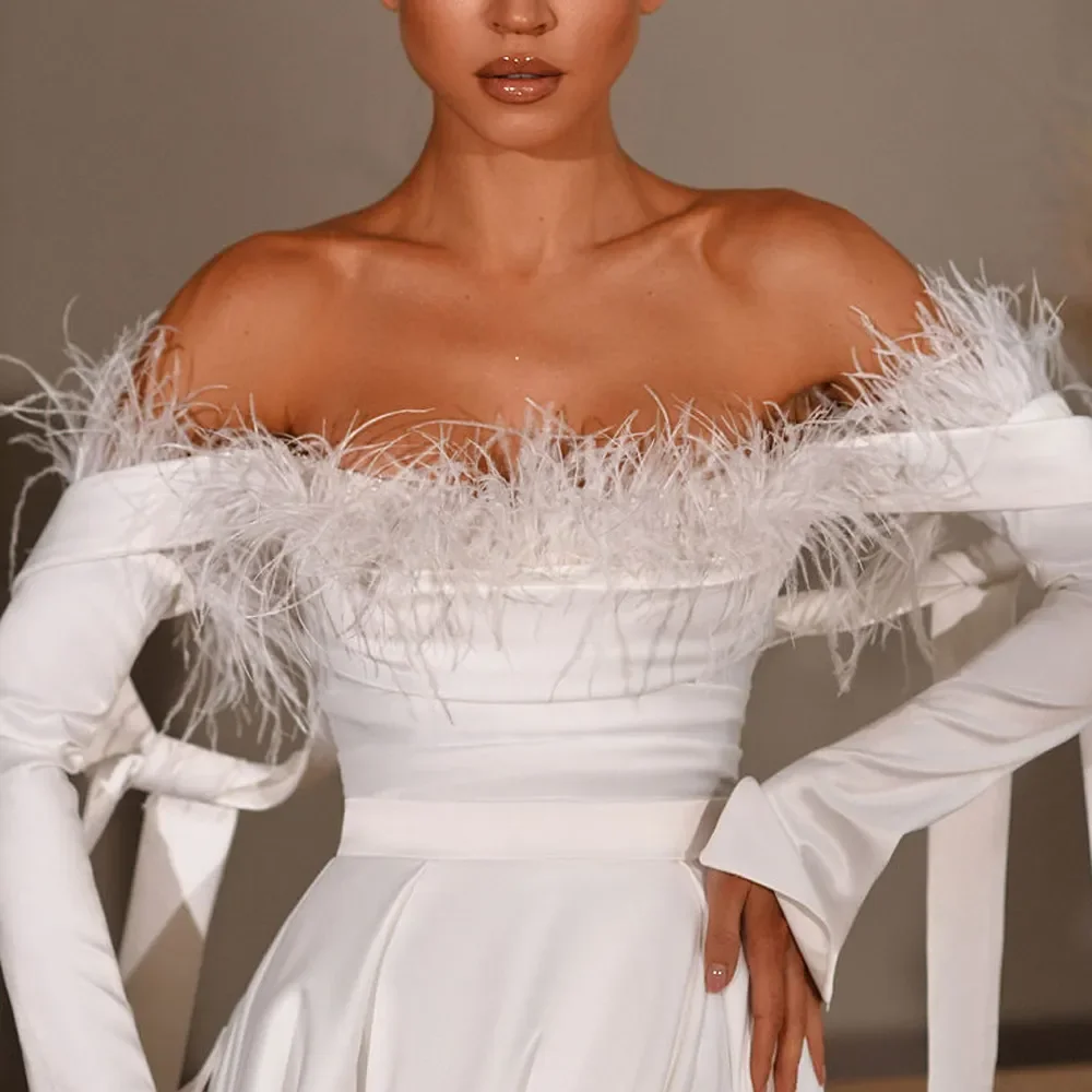 Elegant Wedding Dresses Boat Neck Long Sleeve Feather A Line Bridal Gowns Pleat Bow Tie Strap Sexy High Split Vestidos De Novia