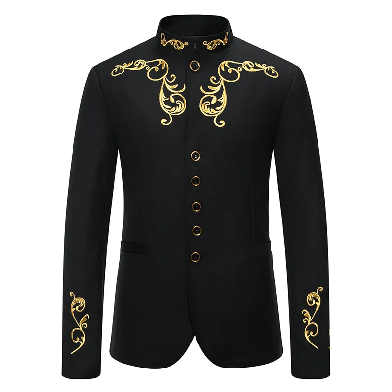 D16 Autumn and winter men\'s fashion stand collar embroidery wedding casual slim fit single breasted suit groom best man