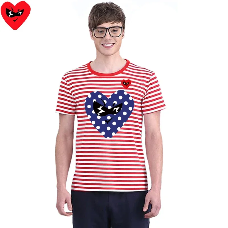 Break Egg Men Stripe T-Shirt Cool Red Glasses Heart Embroidery Colorful Heart Print Cotton Short Sleeve O-Neck Two-tone T-Shirt