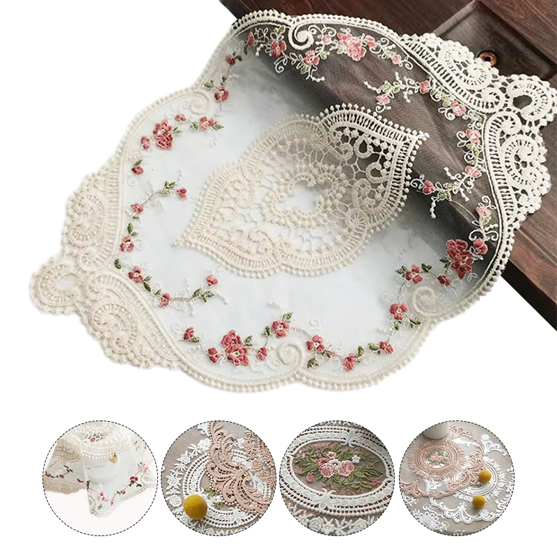 

Flower Embroidered Placemat White Lace Round Wedding Party Dinner Decor Vintage French Lace Pastoral European Style Tablecloth