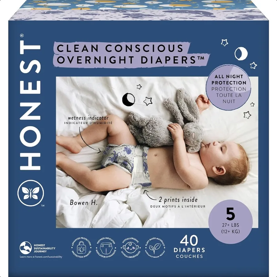 

Clean Conscious Overnight Diapers for Sensitive Skin Hypoallergenic Fragrance Free Cozy Cloud + Star Signs Club Box Size 5 27+