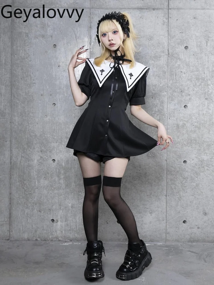 

Japanese Gothic Style Embroidered Lace Trim Patchwork Short Sleeve Waist-Cinching A-Line Short Sleeve Dress + Shorts Set