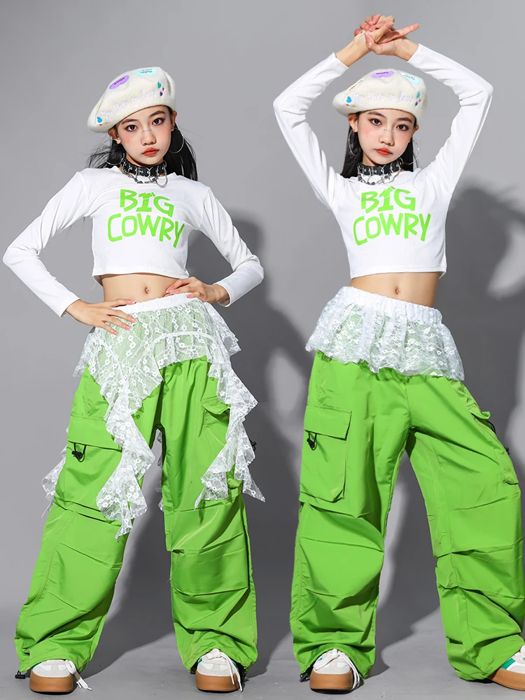 

Kpop джазовый танцевальный костюм для девочек, топы с длинными рукавами и пупком, зеленые брюки-карго, детская одежда в стиле хип-хоп, наряд для тренировок, L18034