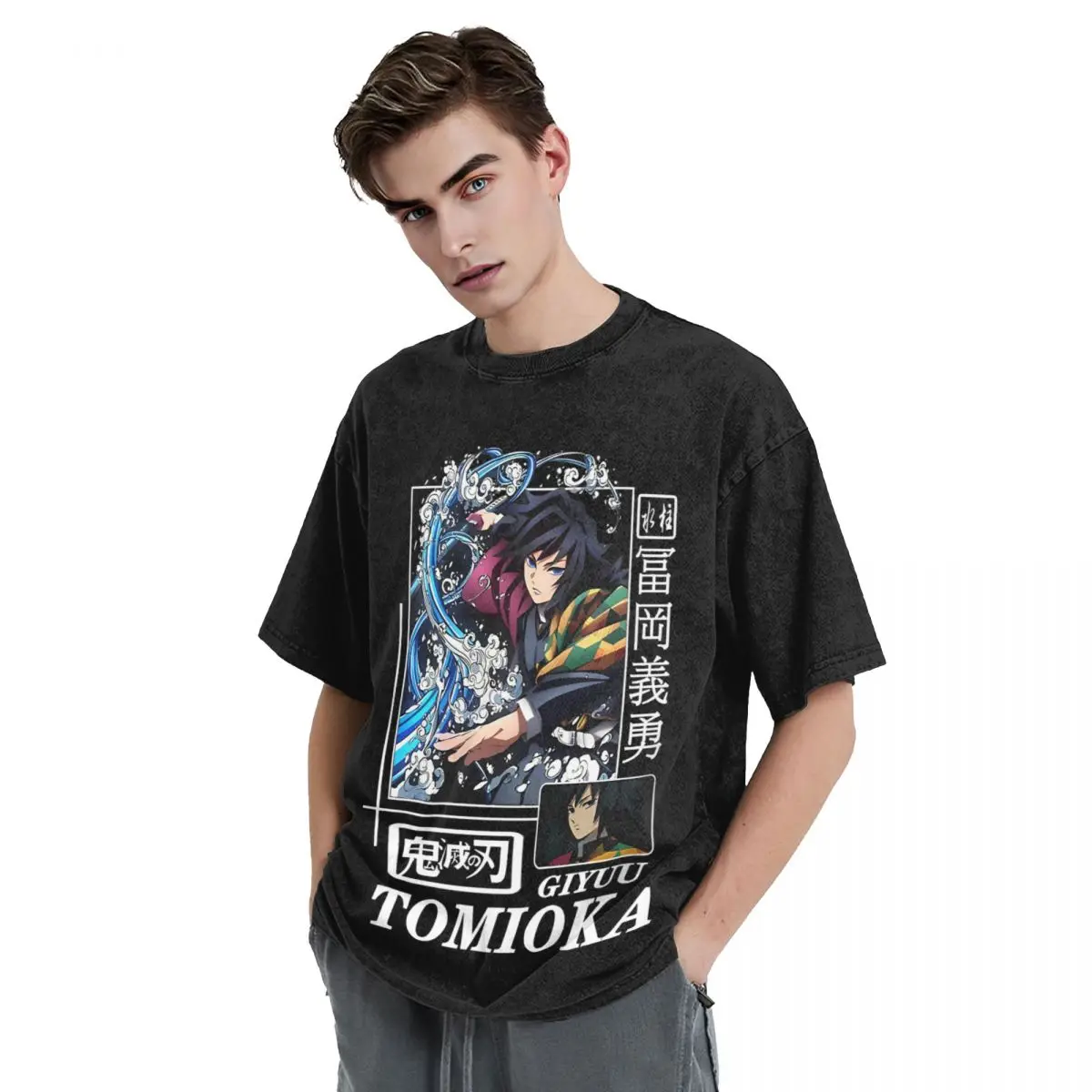 Anime Demon Slayer Manga Washed T Shirt Streetwear T-Shirts Tomioka Giyuu Tees Tops Men Women 100% Cotton Harajuku Summer