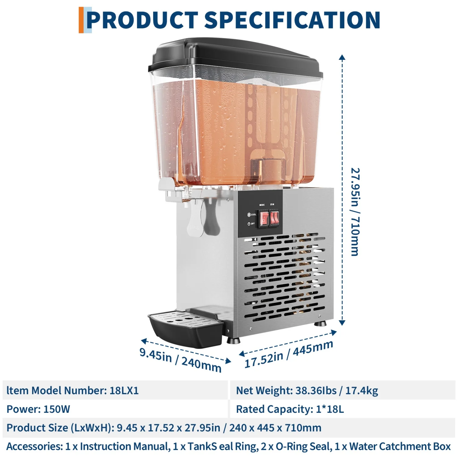 4.8 Gallon/18L Commercial Beverage Dispenser, 150W Stainless Steel Ice Tea & Drink Dispenser with Tank & Thermostat Control for Parties/Restaurants/Bars/Home/Cafes