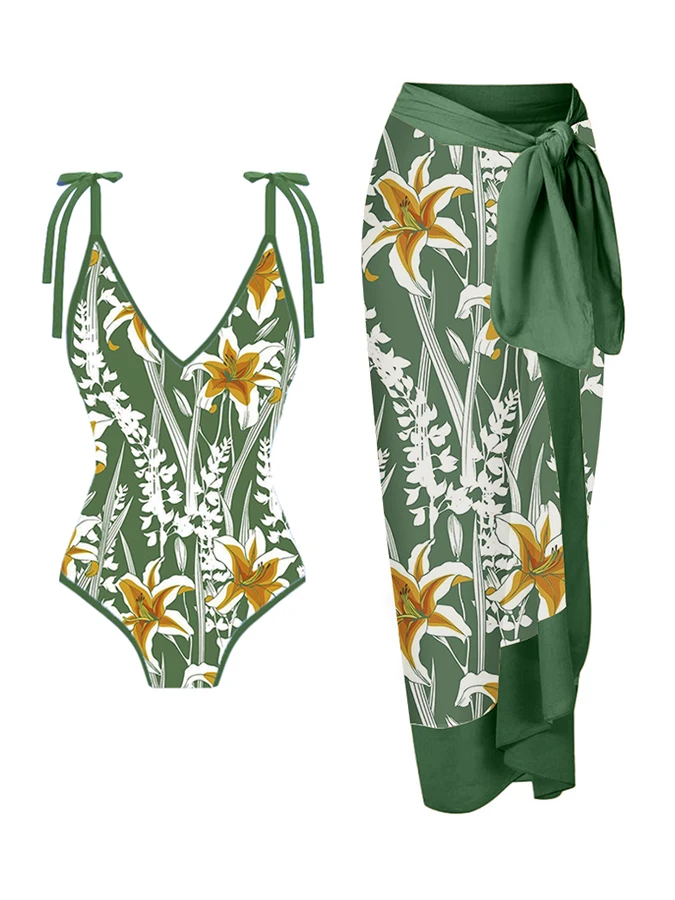 Green Fashion One Piece Swimsuit Lily Floral Print Deep V Lace-up Design Tight Women's Retro Swimsuit And Suitable Cover Up