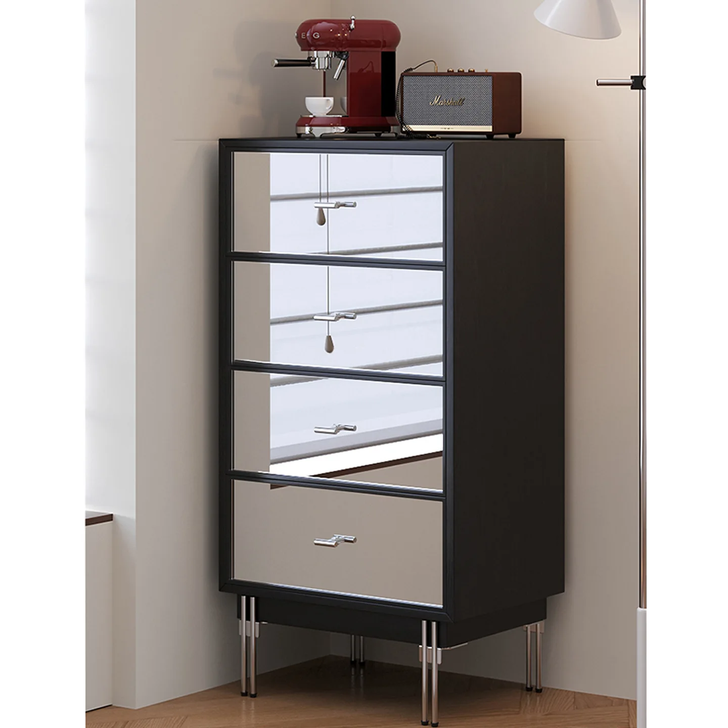 Bauhaus mirror side cabinet floor-to-ceiling stainless steel multi-layer drawer chest living room storage multi-function