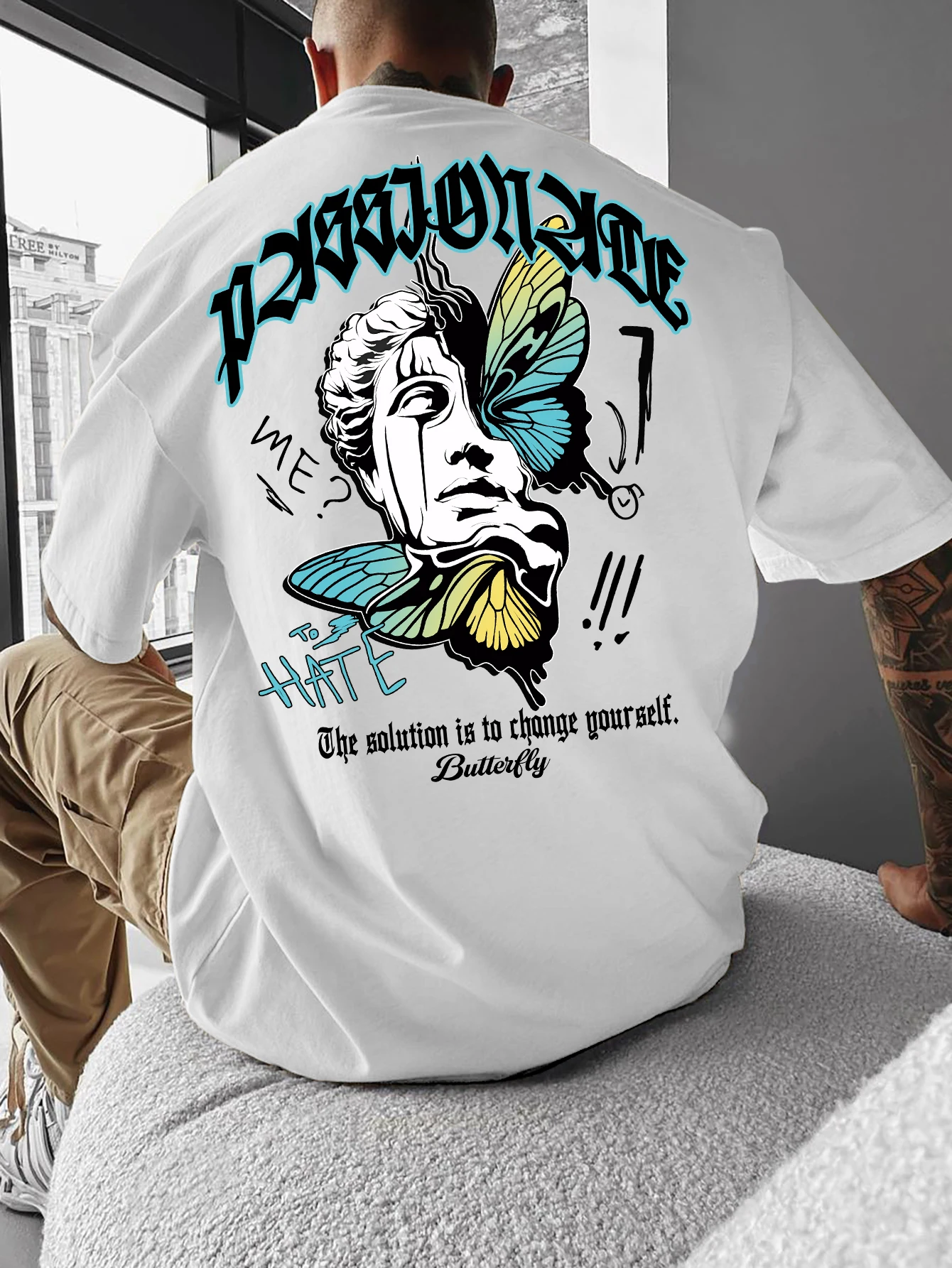Passionate Butterfly Sad Statue Oversized Tee