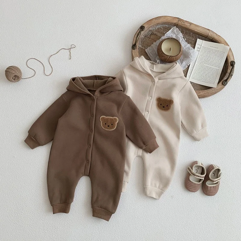 

New Autumn Winter Baby Romper 0-3Years Newborn Boy Girl Long Sleeve Bear Fleece Hooded Jumpsuit Playsuit Outwear Warm Clothes