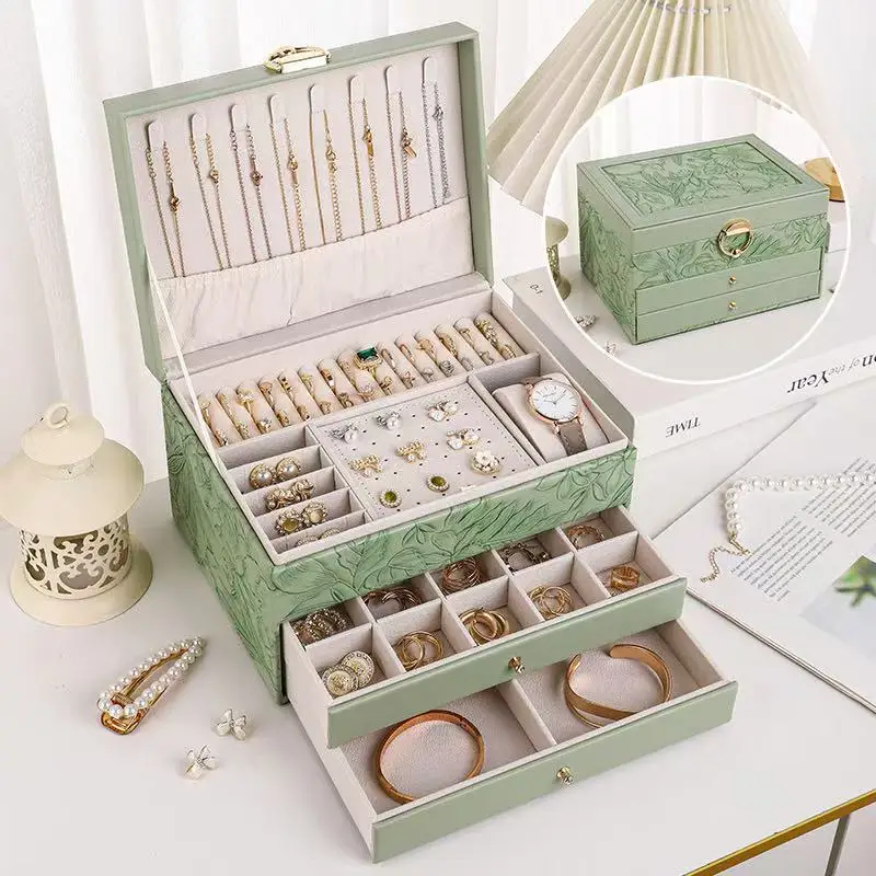 Caja organizadora de joyas multicapa de gran capacidad, almacenamiento de cuero PU para pendientes, anillos, collares, uso doméstico para todo tipo de joyería