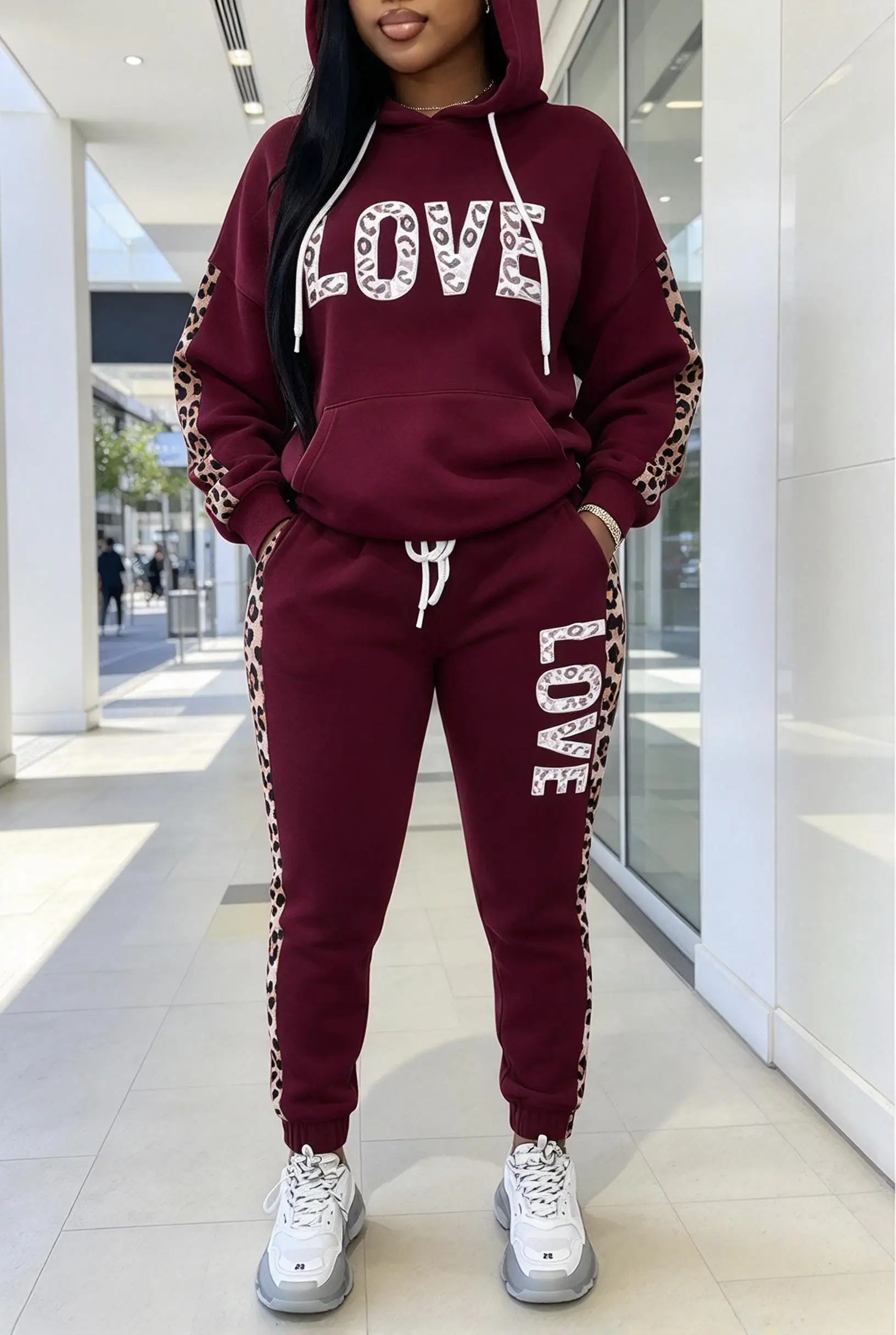 Women Women Letter Leopard Spliced Hooded Tracksuit, Hoodie & Cuffed Jogger Pants 2 Piece Outfit - Aliexpress Deal