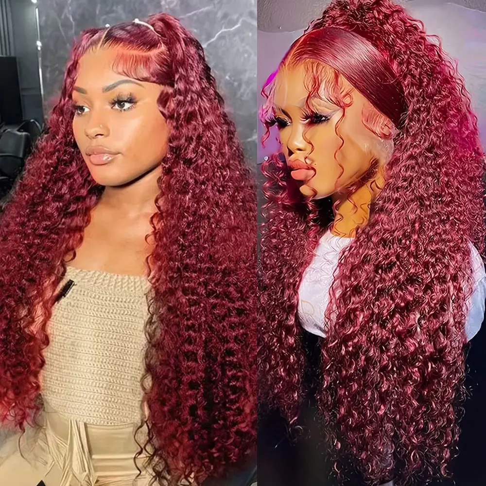99J Burgundy Red Deep Wave Lace Front Wig Remy Human Hair Wigs for Women 13x6 HD Transparent Colored Deep Curly Lace Frontal Wig