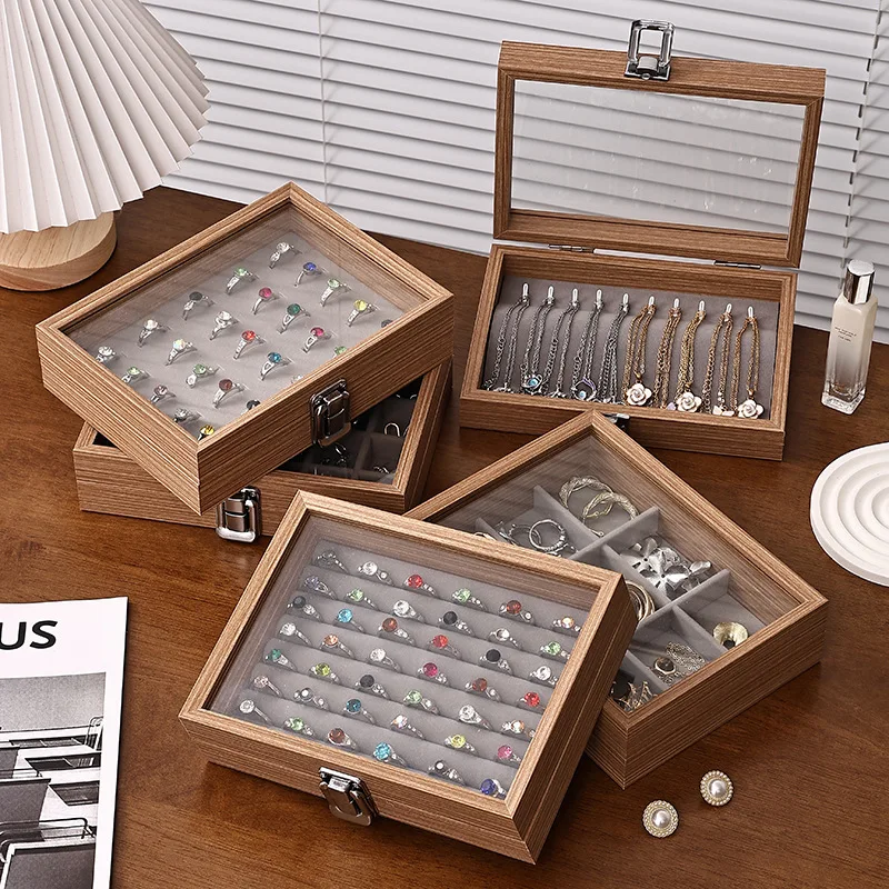 

Wood Jewelry Organizer Earring Tray Jewelry Holder Ring Box with Clear Lid Ring Storage for Women Vintage Style