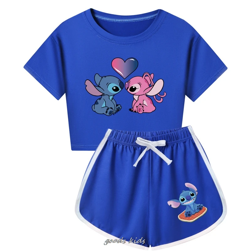 Lilo And Stitch T-shirt Shorts Leisure Sports Suit Girls Clothing Set Baby Boys Homewear Suit Big Kids Summer Tshirt Best Gift