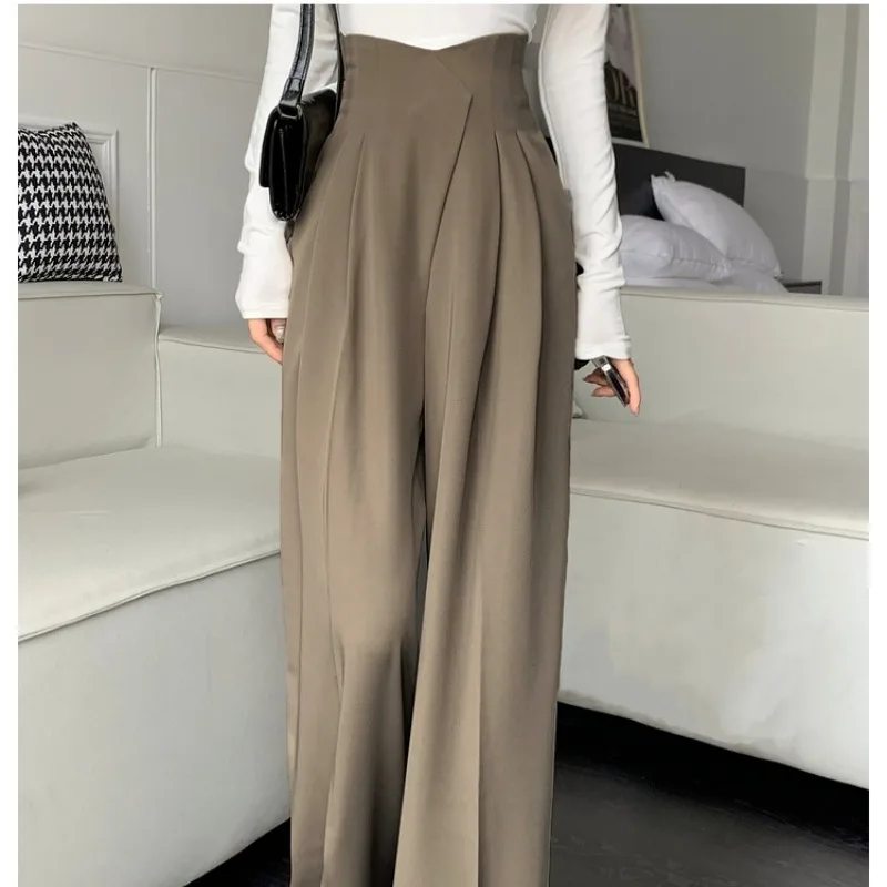 Imagem -03 - Calça de Cintura Alta de Comprimento Total Feminina Monocromática Painel Bolso Ruched Perna Larga Direto Formal Novo Elegante Primavera Verão 2023