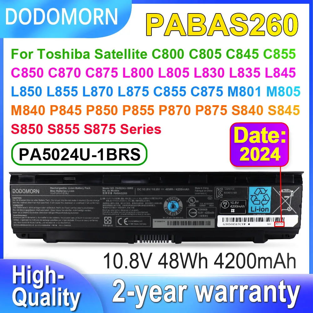 

DODOMORN PABAS260 Battery For Toshiba C800 C805 C845 C855 C850 C870 L830 L835 L845 L850 L855 L870 PA5024U-1BRS Laptop 4200mAh