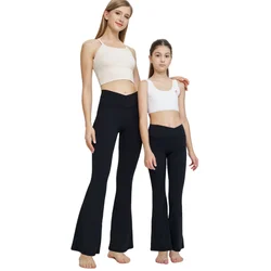 Flare Leggings With Pockets Women Kids Yoga Pants Casual Stretchy Workout Elegant Trousers Girls V-cross Wasit Jazz Bell Bottoms