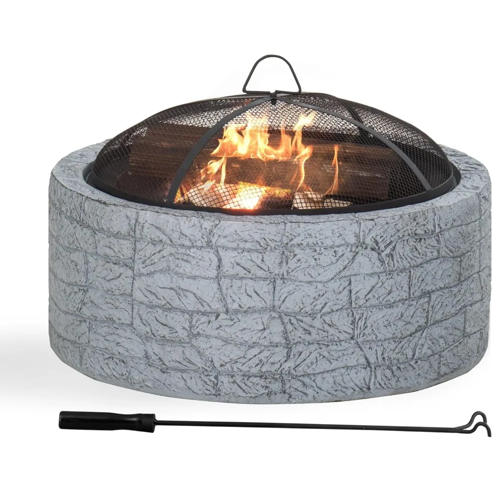 حفرة نار خارجية مستديرة باللون الرمادي الحجري بقطر 26 بوصة، وشاشة شرارة، وبوكر لحرق الخشب في الفناء #1