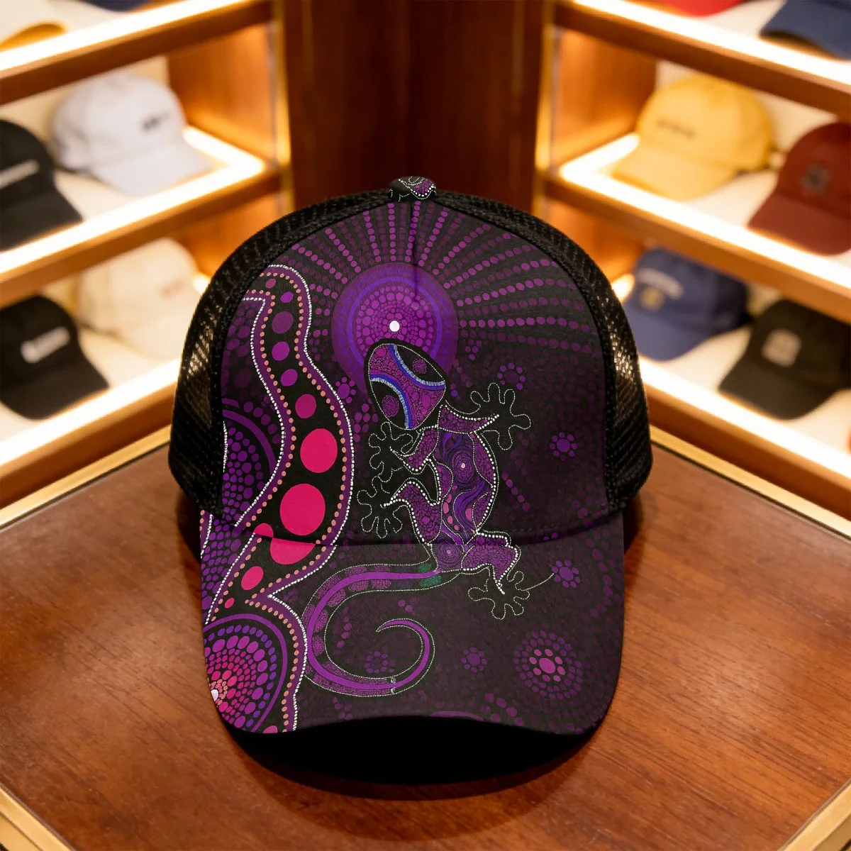 1pc Gecko Dot Art Line Boho & Tribal Style All Over Print Duckbill Hat Mesh Cap for Men Women Trendy Headgear Fitted