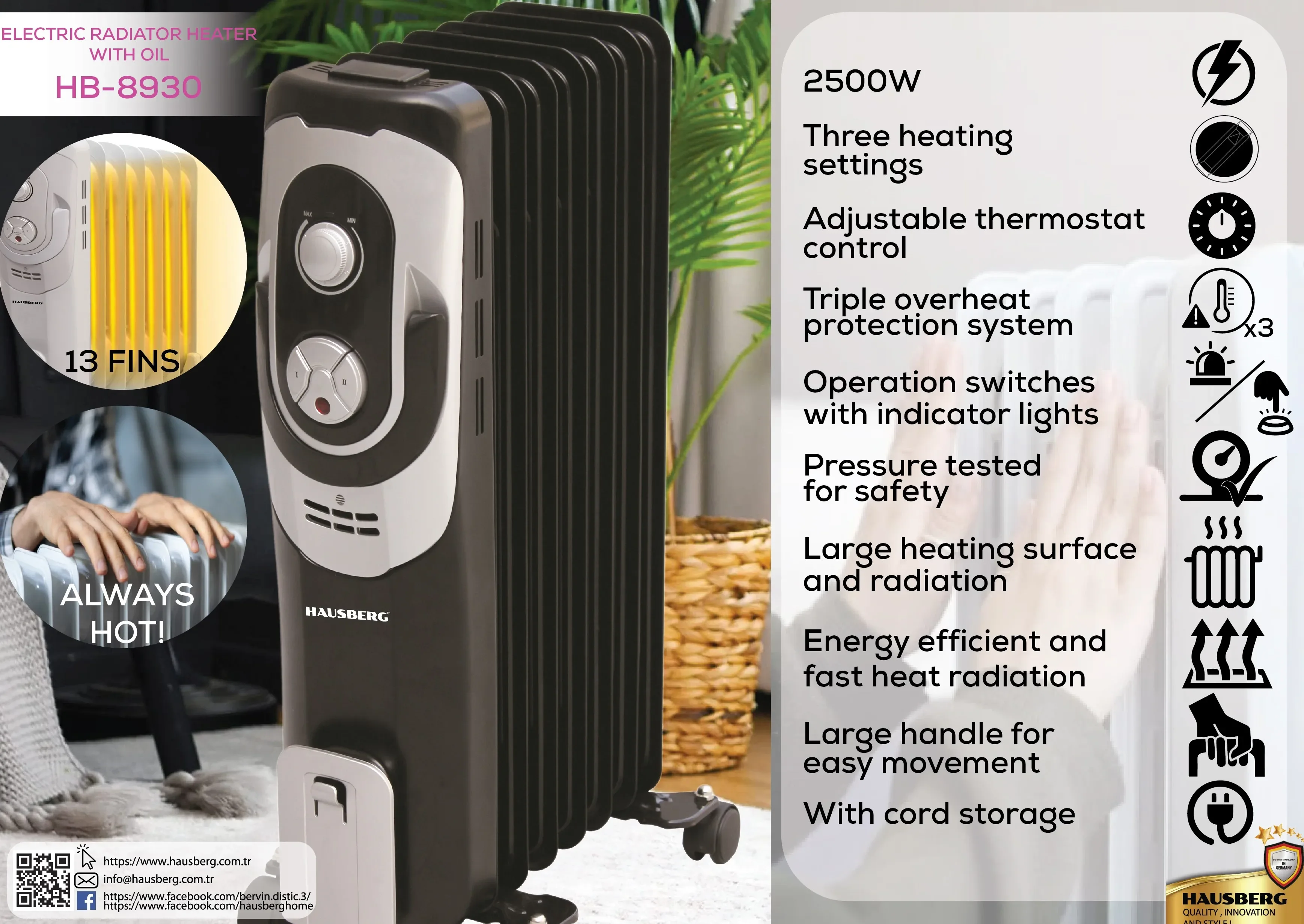 Hausberg / Calentador de aceite eléctrico de alta calidad Radiador lleno de aceite / 2500W / 13 aletas / Control de termostato ajustable