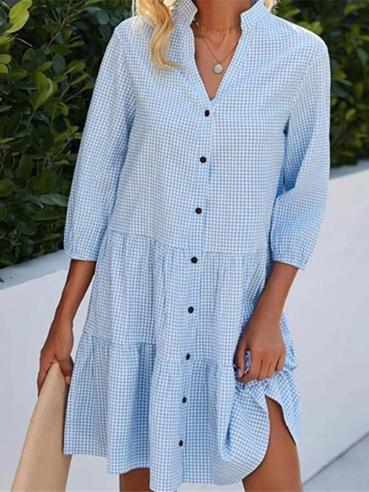 

Elegant Women's Midi Dress 2024 Summer Split Sleeve Women's Checkered Standing Neck Shirt Dress Vestidos Verano Robe