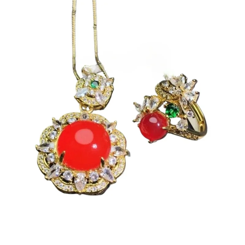 

Natural high ice chalcedony pendant silver inlaid ring pendant set fashionable and versatile