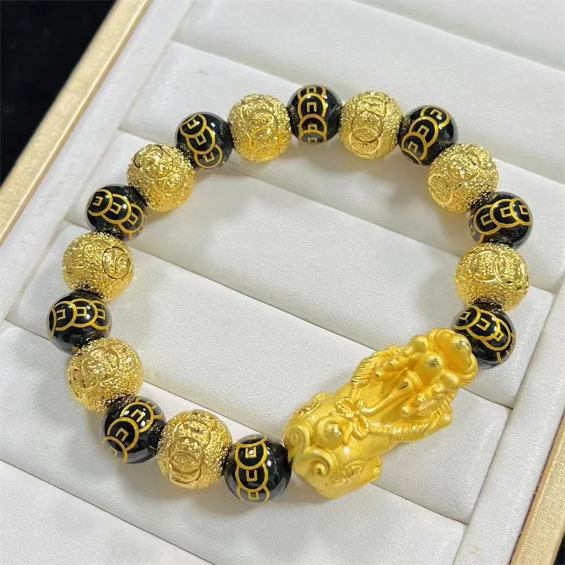 

9999 24K real gold hollow Pixiu bracelet ring bead DIY paired with trendy accessories bracelet