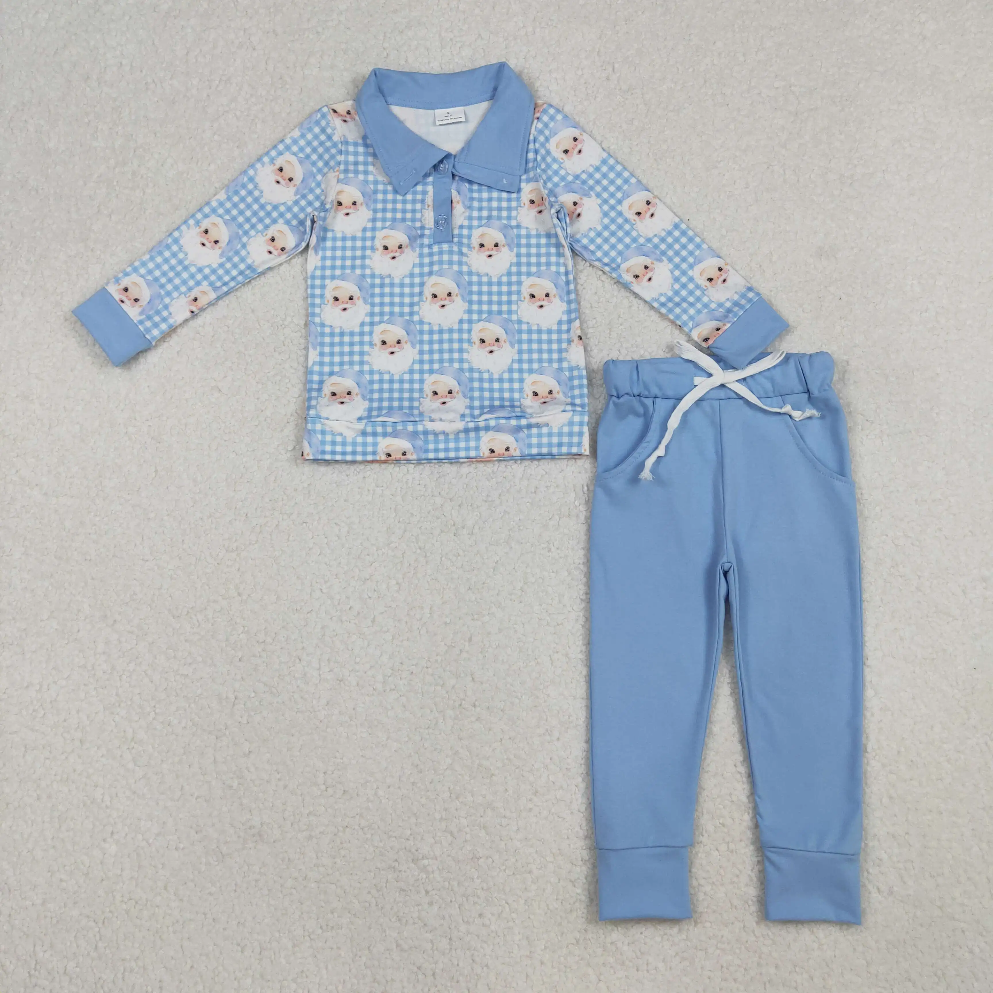 

X10.14 Wholesale baby boys clothing wholesale Santa Claus blue plaid button long sleeve and pants suit