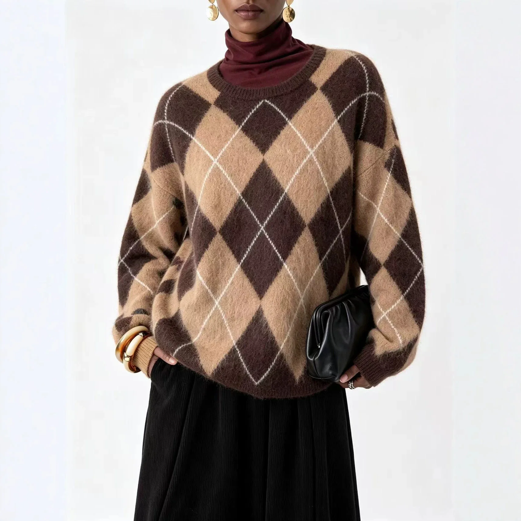 Women Knitted Pullovers Sweaters Plaid Jumpers Mink Fur Color Blocked Round Neck Long Sleeves Slight Strech Loose 2026 Autumn