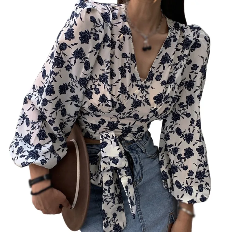 Summer Spring Women's Floral Print V Neck Sexy Lace Exposed Navel Long Sleeves Chiffon Shirts Tops