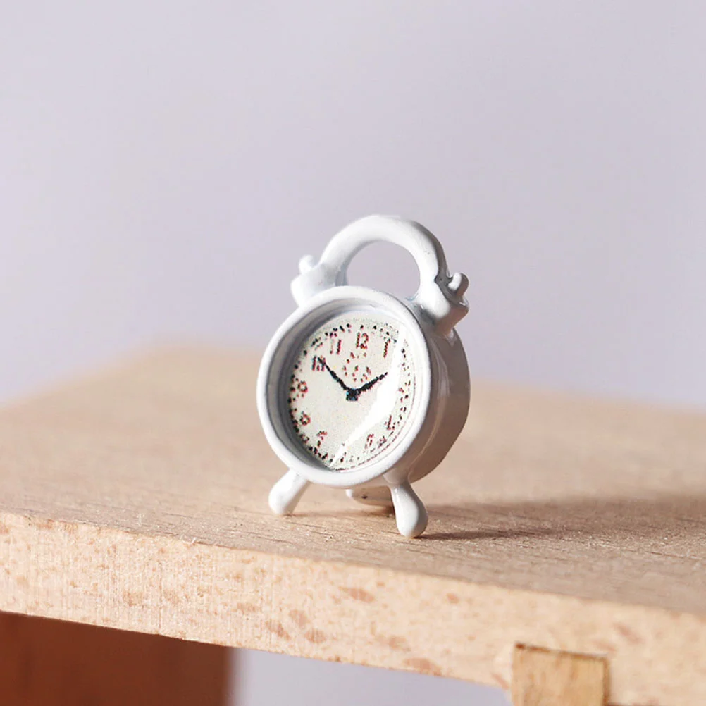 2 Pcs Clock Mini Alarm Child Decor Dollhouse Miniature Wall Shelf Alloy Scene Ornament White