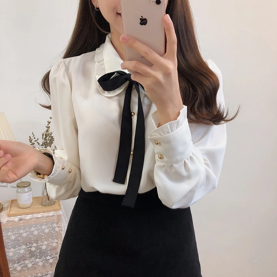 2023 Hot Sales Women's Cute Sweet Girls Vintage Black White Lace-Up Ruffled Ribbon Tops Button Elegant Formal Shirts Blouses