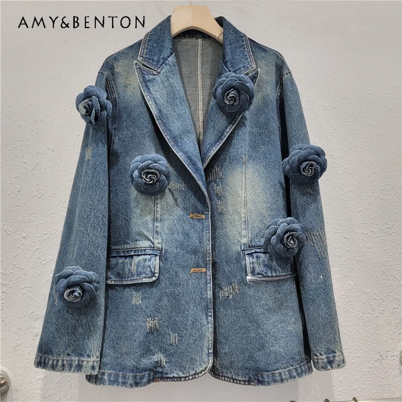 

Autumn New Korean Fashion Polo Collar Long Sleeve Denim Coat Heavy Industry Pin Three-Dimensional Rose Retro Distressed Coats