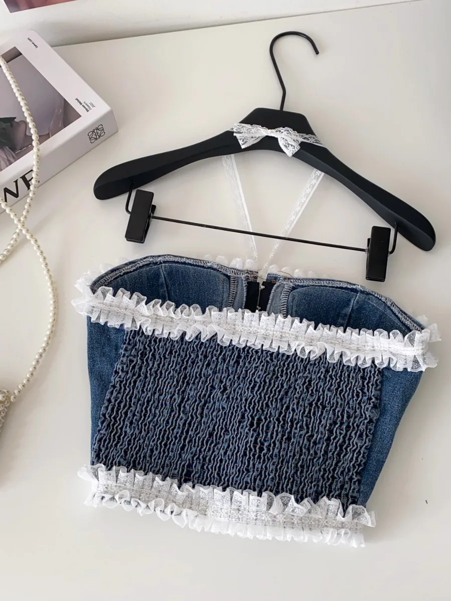 Foamlina Corsetto a fascia in denim effetto consumato con volant alla moda Top da donna europeo Hot Girl Slim Fit Street Style Petite Vest Bra