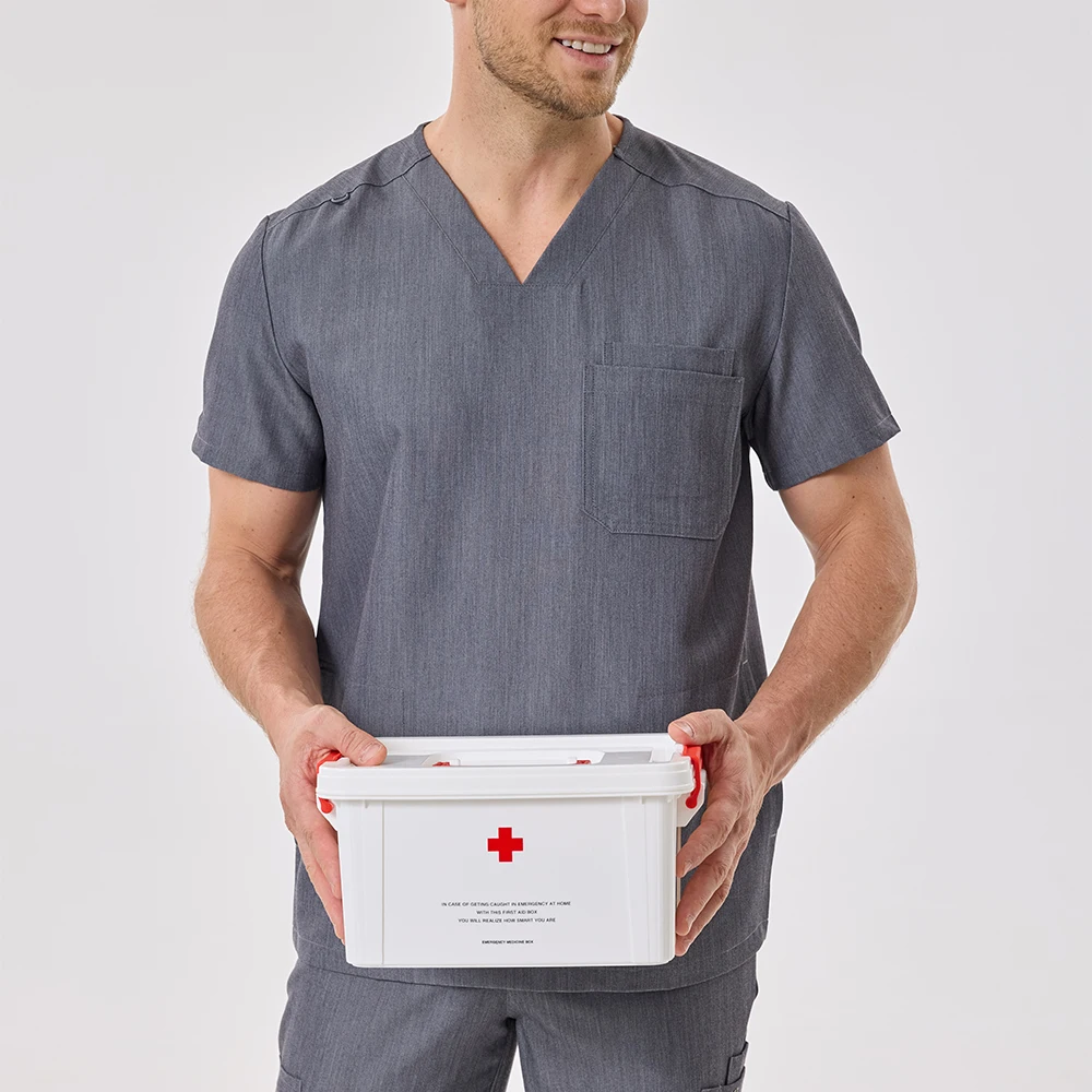 ชุดยูนิฟอร์มพยาบาล KUNGFU SCRUBS ชุดทำงานดูแลสัตว์เลี้ยง ชุดแพทย์ผู้ชาย รุ่นคลาสสิก เสื้อคอวี กางเกงขายาวเอวยางยืดผูกเชือก