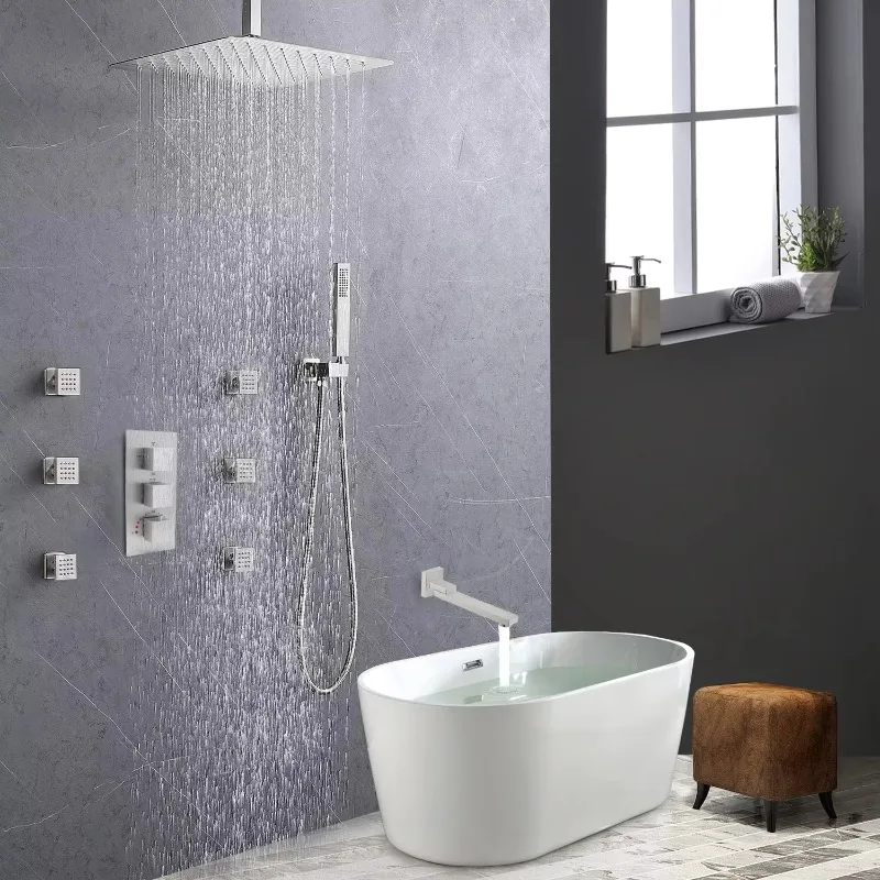 Zestaw prysznicowy deszczownica 16 cali, mosiężny, z dyszami natryskowymi, szczotkowane wykończenie, montaż sufitowy, do użytku hotelowego.