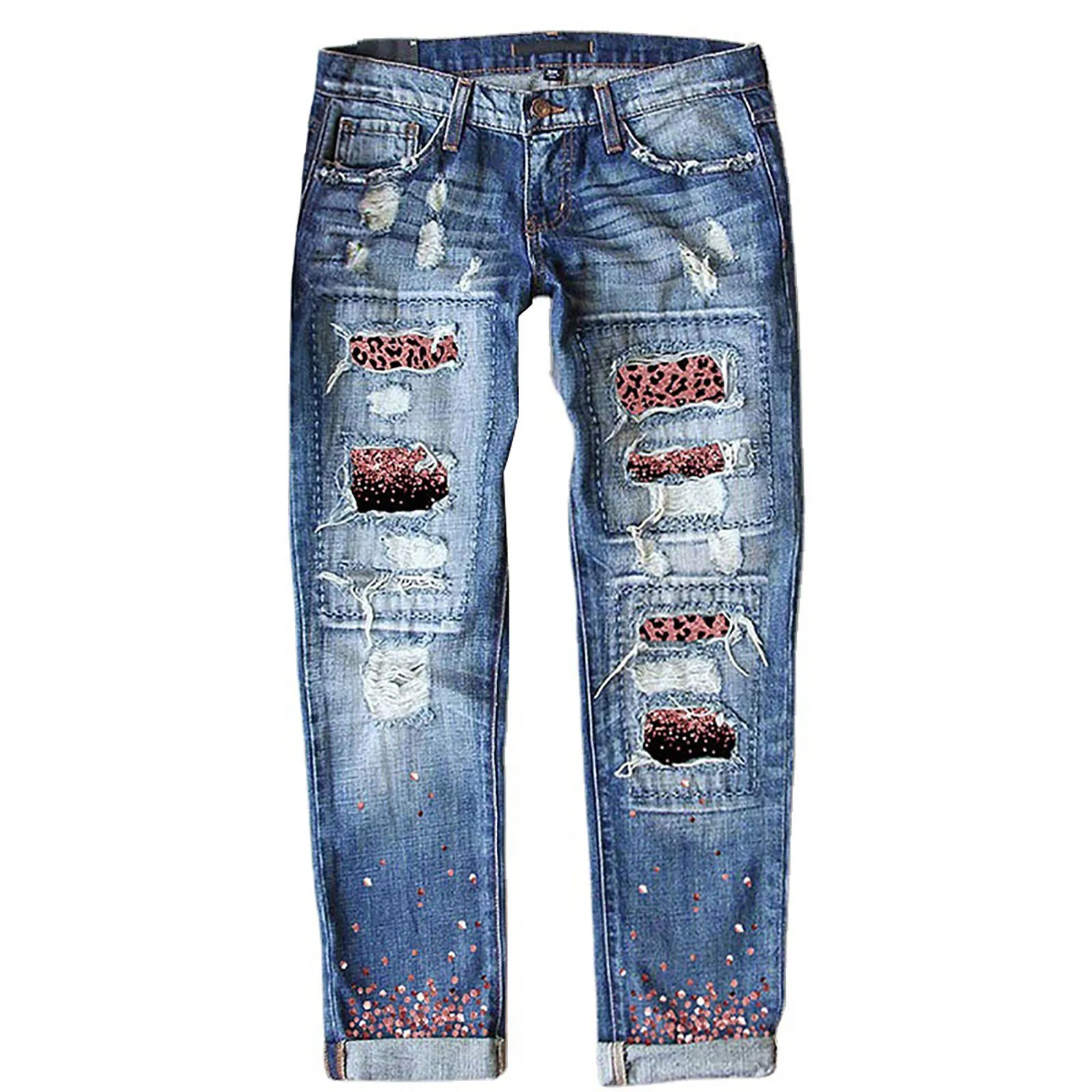 Women's Y2K Clothes Casual Mid Waist Cotton Washed Long Straight Leg Basic 3D Print Jeans for Women Distressed Ripped Cropped
