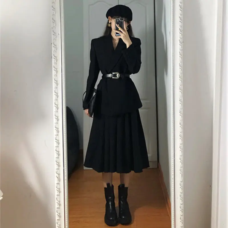 Women\'s Black Slim Blazers A-Line Skirts Two Piece Dress Set Korean Office Lady Graceful Suit Jacket with Waistbelt New Outfits