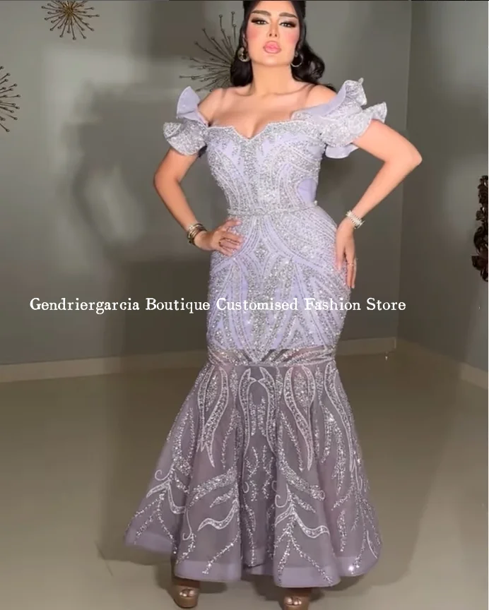 カスタマイズされたライラックパープルマーメイドイブニングドレススパークリングセクシーなストラップレスディアマンテアップリケマーメイドマイクロアラブローブドソワレ