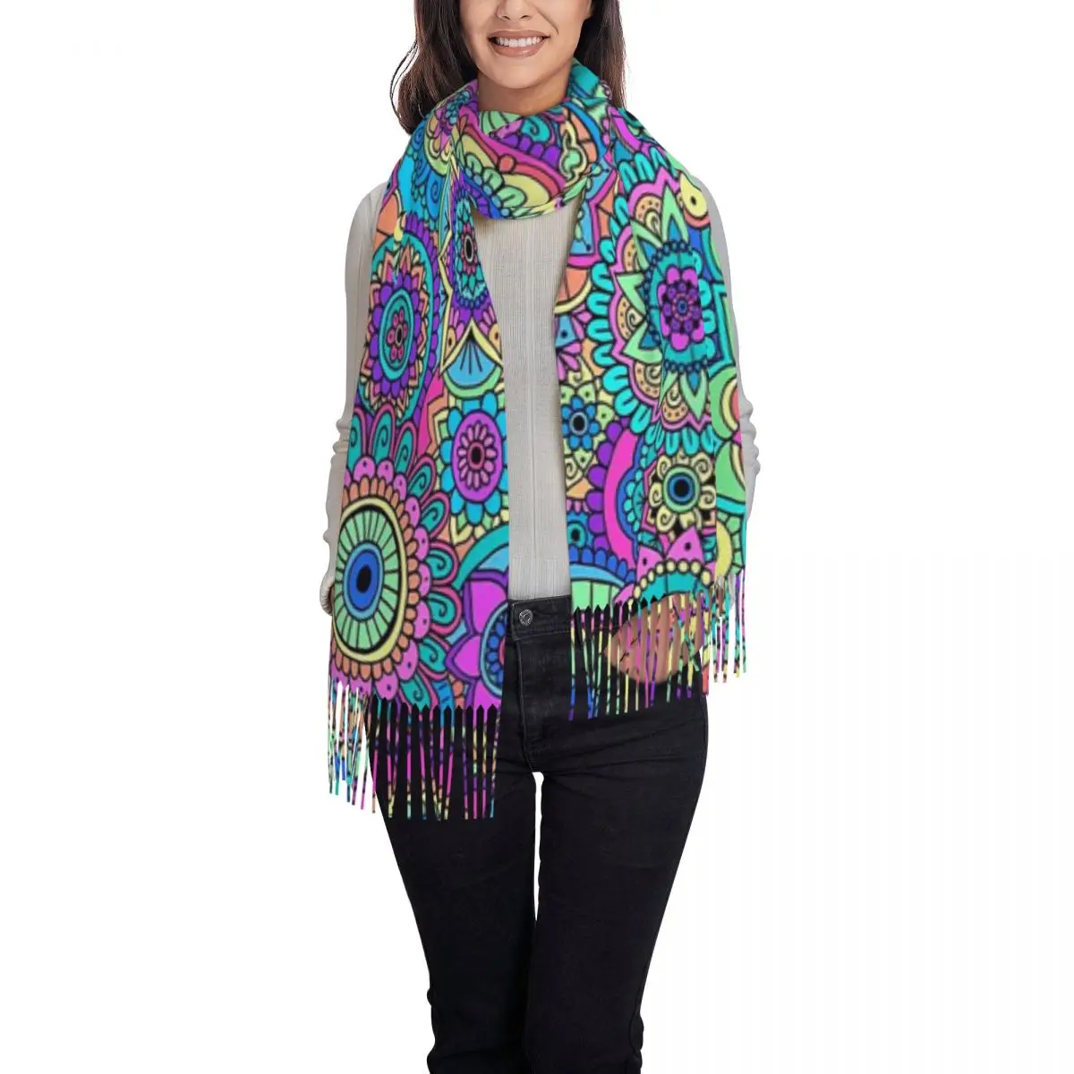 

Психоделический летний цветной шарф с принтом мандалы, шарфы с кисточками, женские мягкие теплые шали и накидки, большая осенне-зимняя шаль