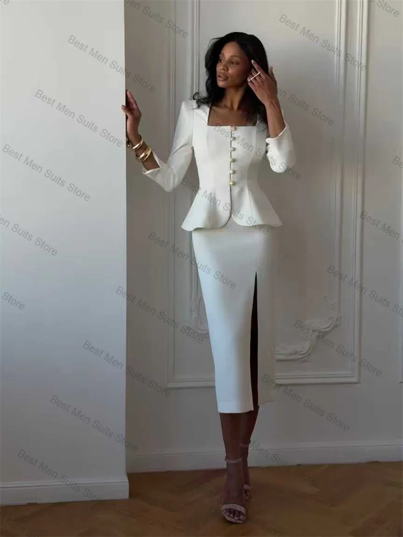 Witte Vrouwen Pak Rok Set 2 Stuks Blazer + Midi Prom Jurk Herfst Herfst Formele Kantoor Jas Aangepaste Bruiloft smoking Katoenen Jas