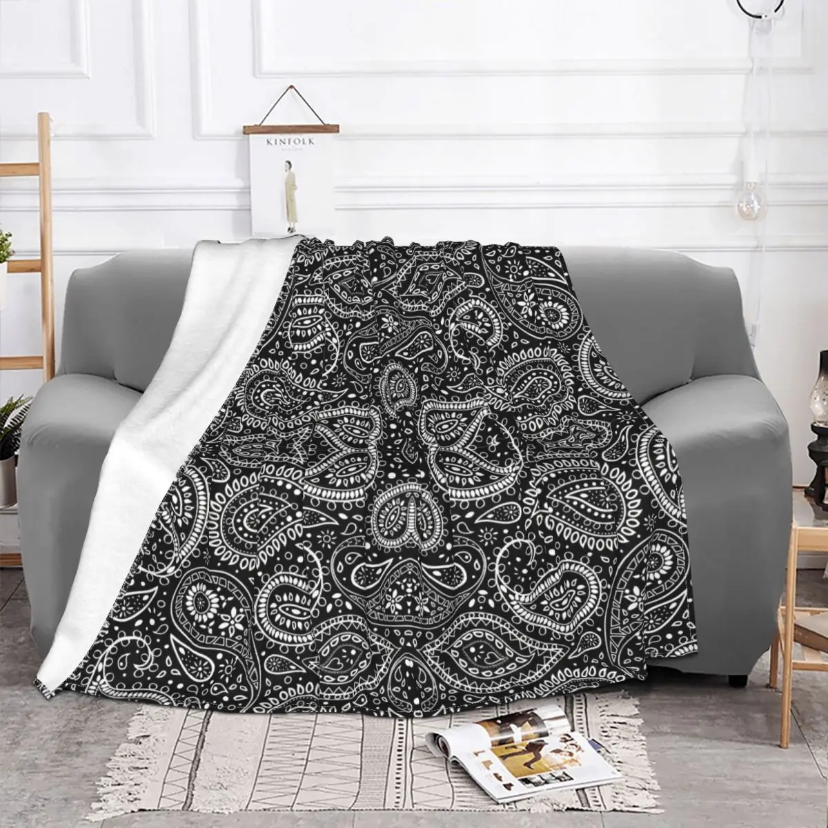 Black And White Paisley Chicano Blanket Flannel Spring Autumn White Warm Throws For Winter Bedding