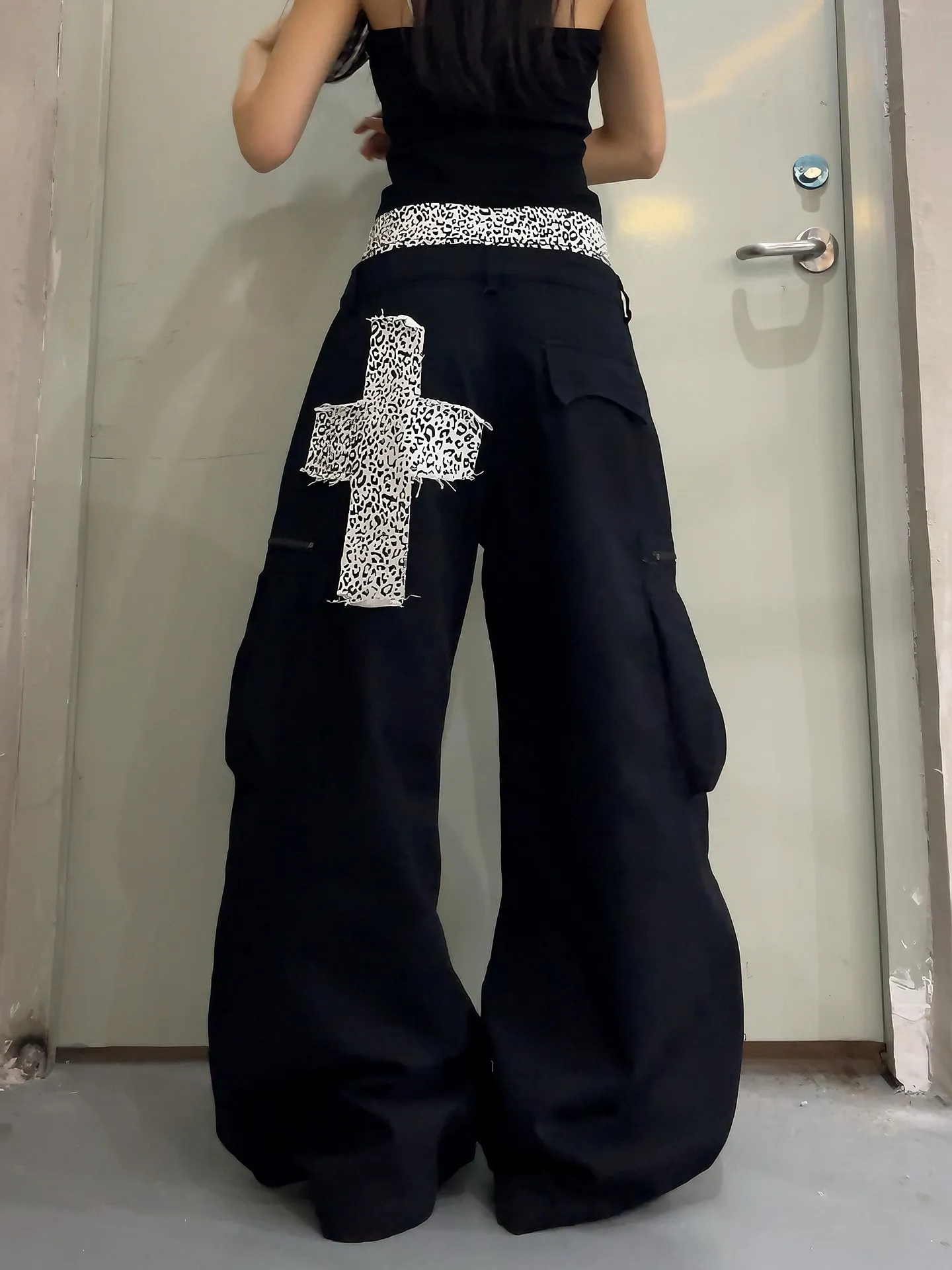 Retro American Street Leopard Print Patchwork Double Waist Work Pants Loose Wide Leg Trousers for Men And Women Cross Stitch ...