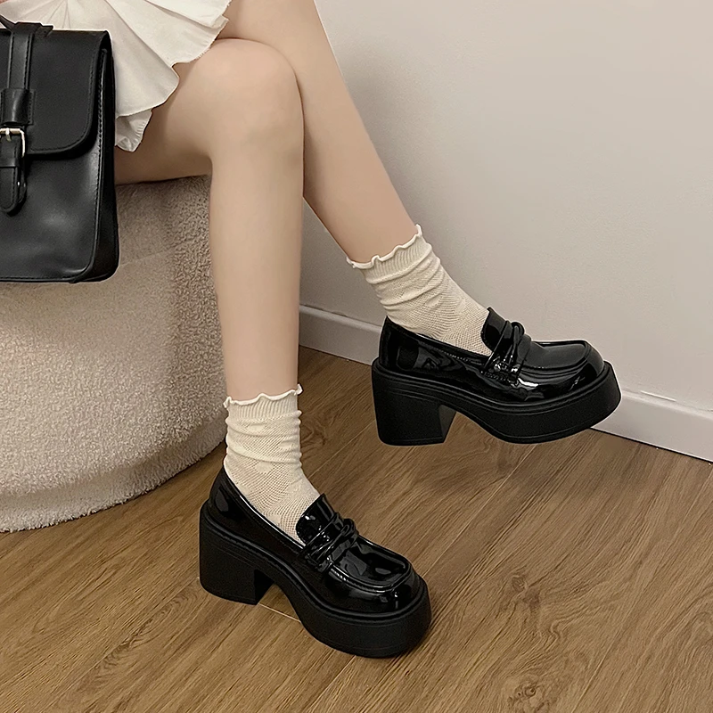 Retro Woman Shoes Slip-on Oxfords All-Match Black Flats Clogs Platform Loafers With Fur Slip On Leather Creepers On Heels High M