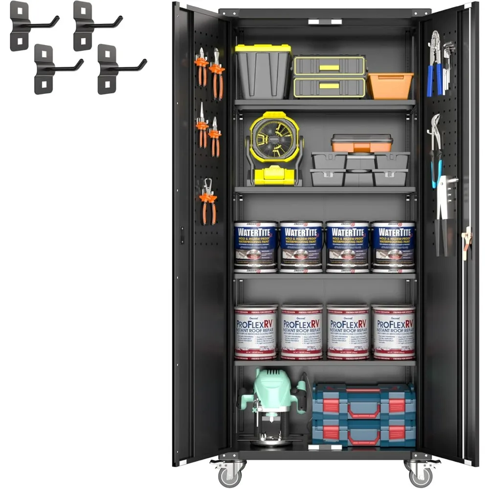 

Metal Garage Tools Storage Cabinet with Wheels, 72" Tall Lockable Garage Cabinet with Pegboard & 4 Hooks, Adjustable Shelves