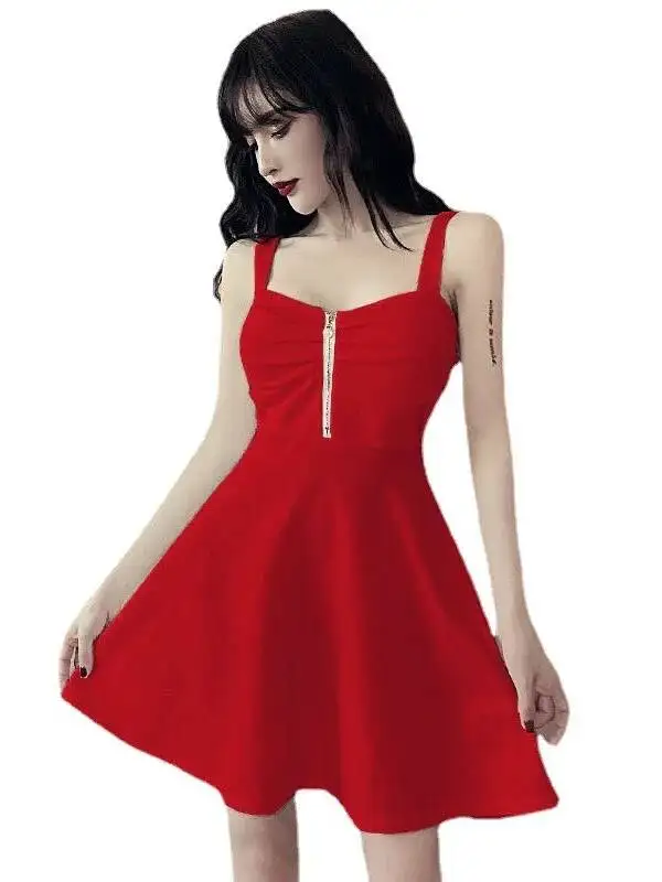 2022 New Sexy Dress Mesh Red Strap A-line Slim Fit Slim Ruffled Low Chest Zipper Korean Style Short Dress Women Charm PG9J