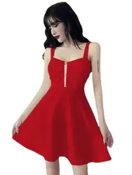 2022 New Sexy Dress Mesh Red Strap A-line Slim Fit Slim Ruffled Low Chest Zipper Korean Style Short Dress Women Charm PG9J