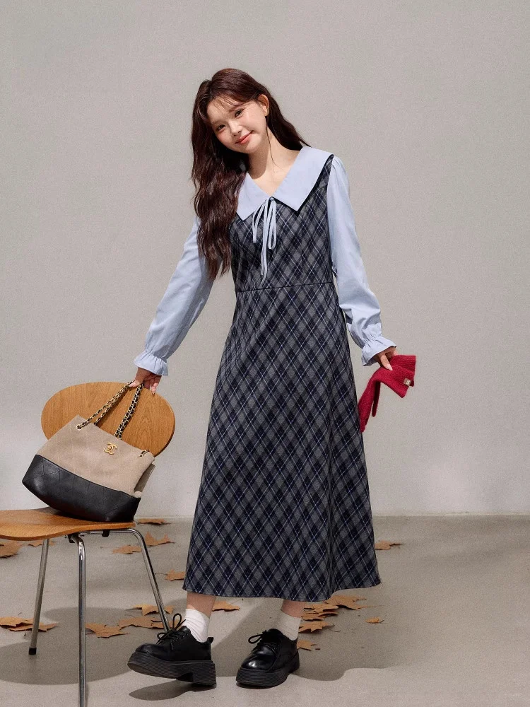 

Длинная юбка трапециевидной формы с высокой талией в синюю клетку больших размеров в стиле ретро, корейская утягивающая осень-зима от Zhang для взрослых