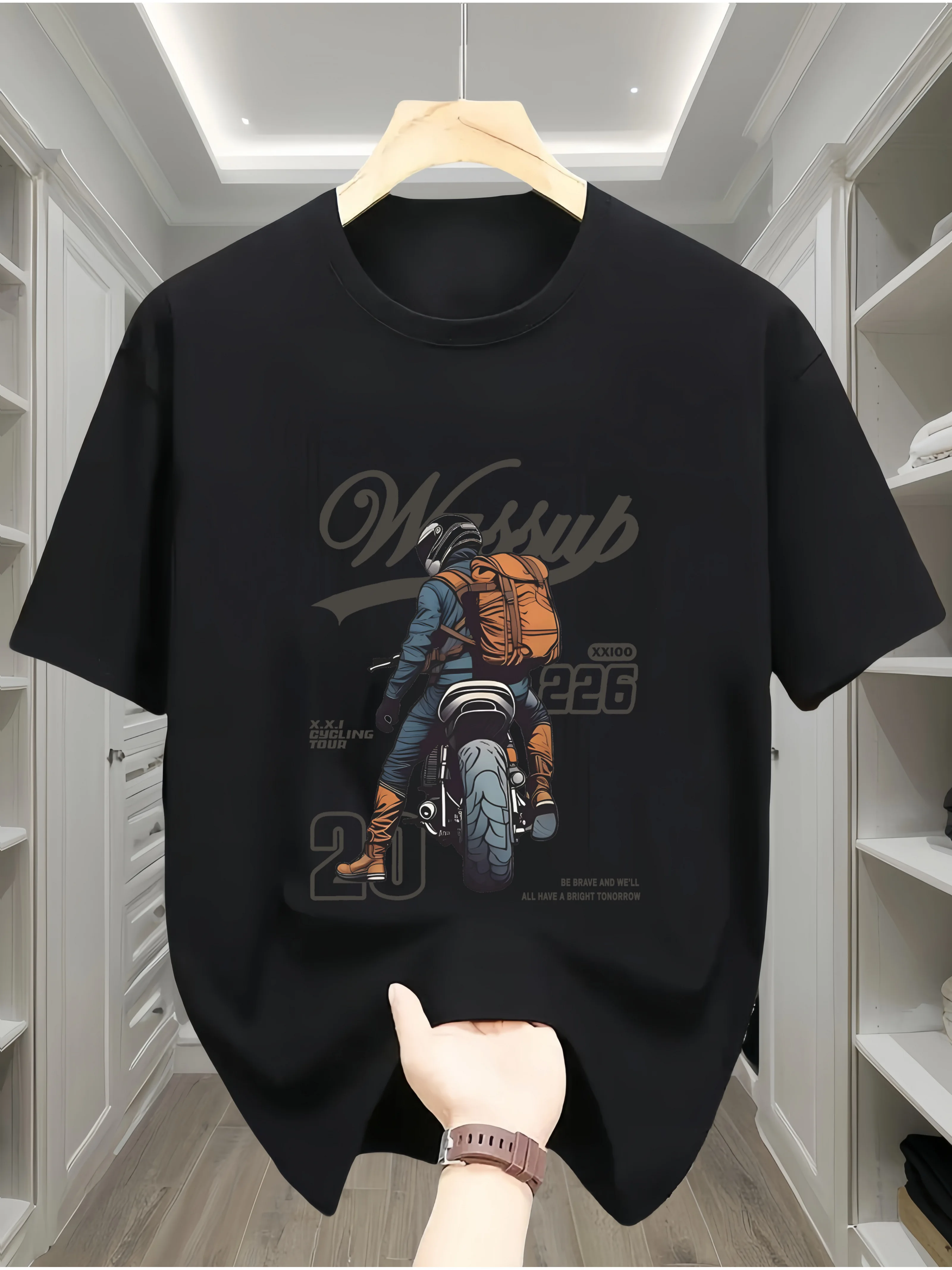 

Summer Men's 100% Cotton Motorcycle Backpack with Men's Printed Casual Loose Sport Comfortable Round Neck Short Sleeve T-shirt